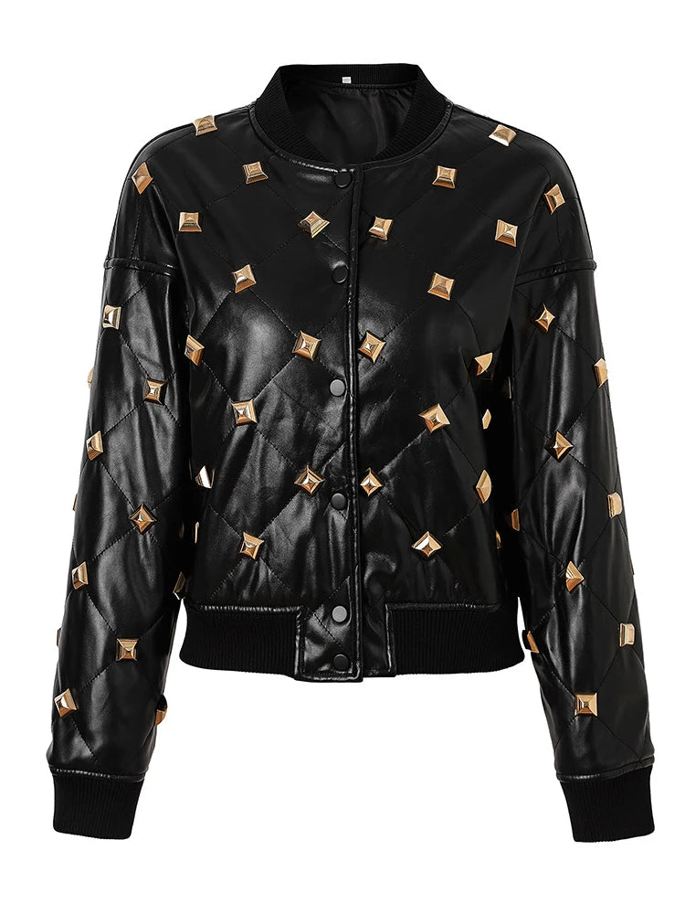 HIGH STREET Newest Fall Winter Designer Jacket Women's Rivet Buckle Stand Collar Threaded Splicing Leather Jacket
