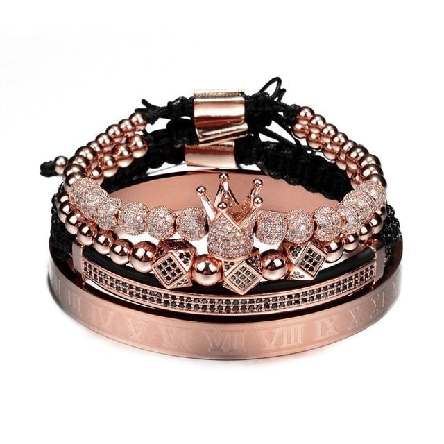 Classical Handmade Braiding Bracelet Gold Hip Hop Men Pave CZ Zircon Crown Roman Numeral Bracelet Luxury Jewelry
