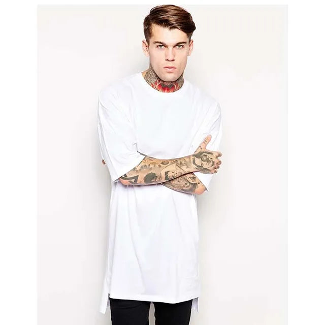 Hip Hop Style Clothing Mens Casual Long T Shirt Irregular Hem Extended Length Tees Side Split Solid Black Streetwear Tops Tee