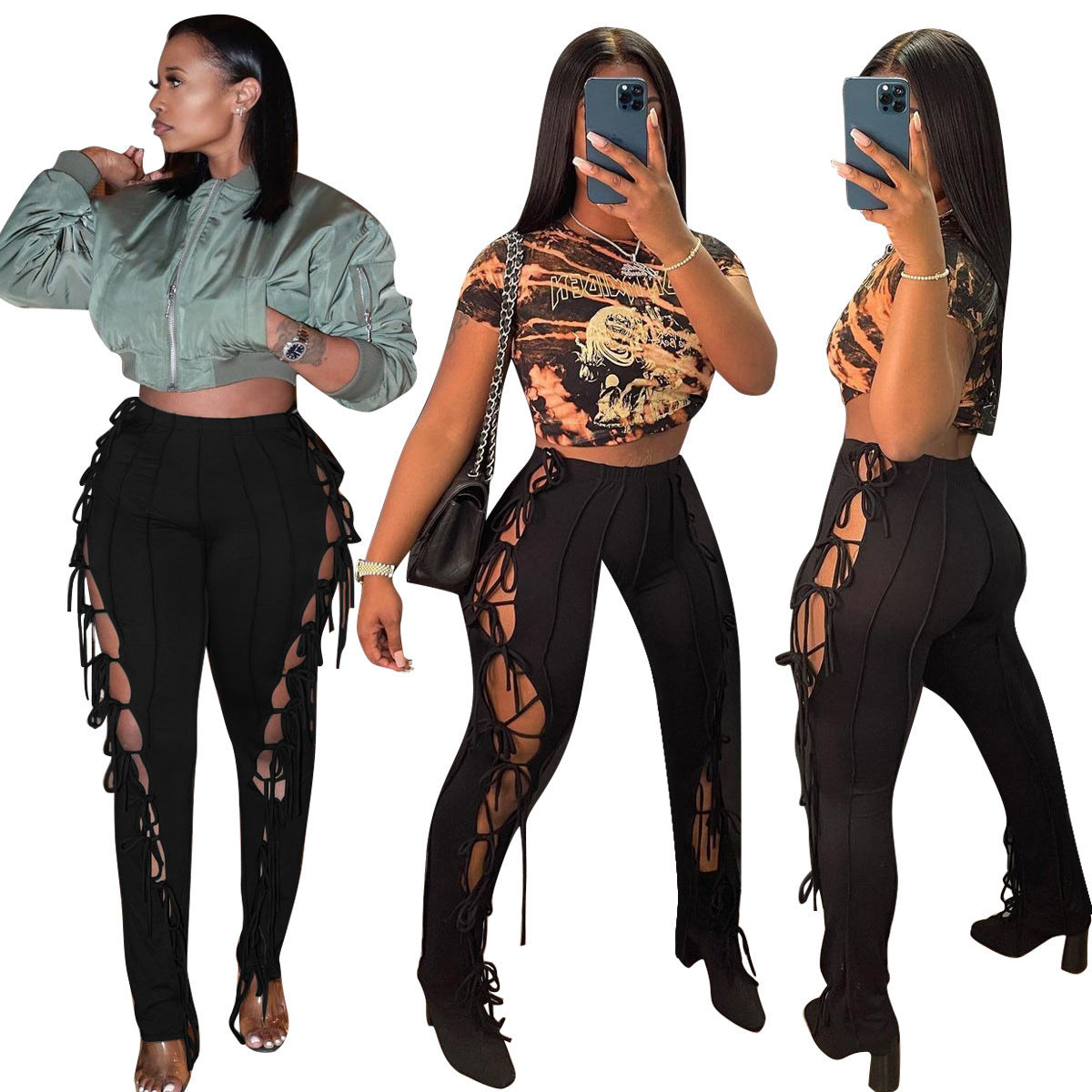 Spring And Summer New European And American Style Women's High Waist Solid Color Lace Hollow Pencil Pants