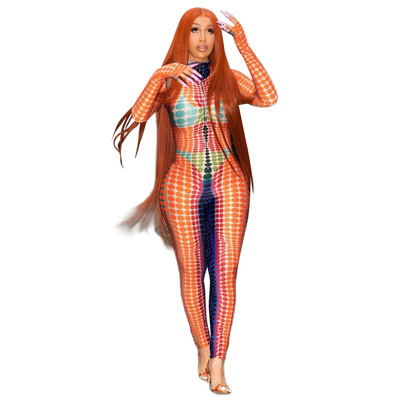Women's New Fashion Print Long Sleeve Round Neck High Waist Bodysuit