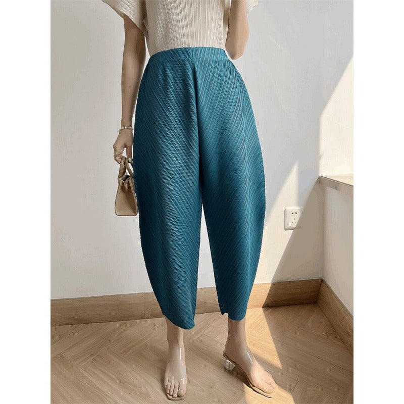 Pleated Ankle-length Pants For Women Solid Color High Waist Wide Leg Trousers Loose