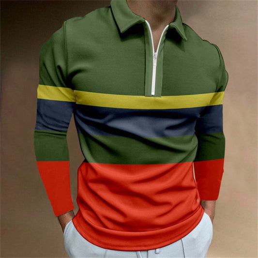 New Men's Zipper Long-Sleeved Casual Slim Sports Lapel Shirt Polo Shirt