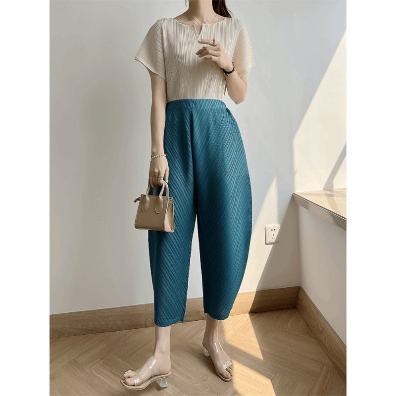 Pleated Ankle-length Pants For Women Solid Color High Waist Wide Leg Trousers Loose