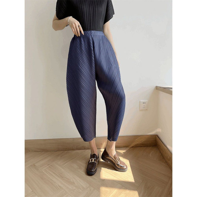 Pleated Ankle-length Pants For Women Solid Color High Waist Wide Leg Trousers Loose