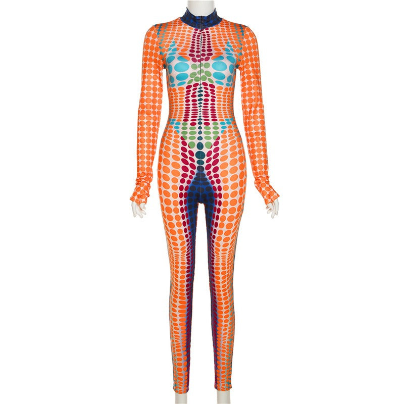 Women's New Fashion Print Long Sleeve Round Neck High Waist Bodysuit