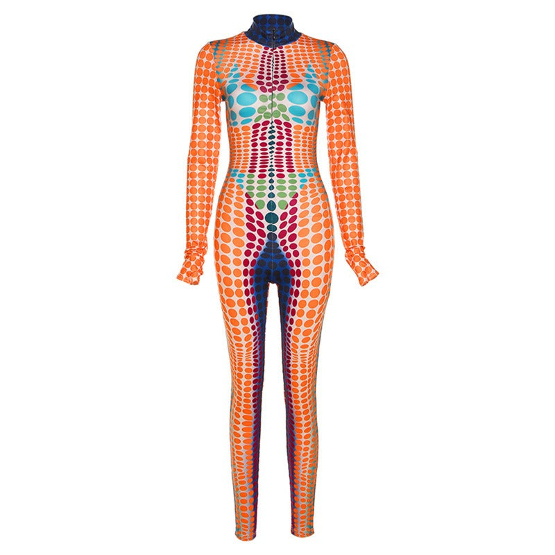 Women's New Fashion Print Long Sleeve Round Neck High Waist Bodysuit