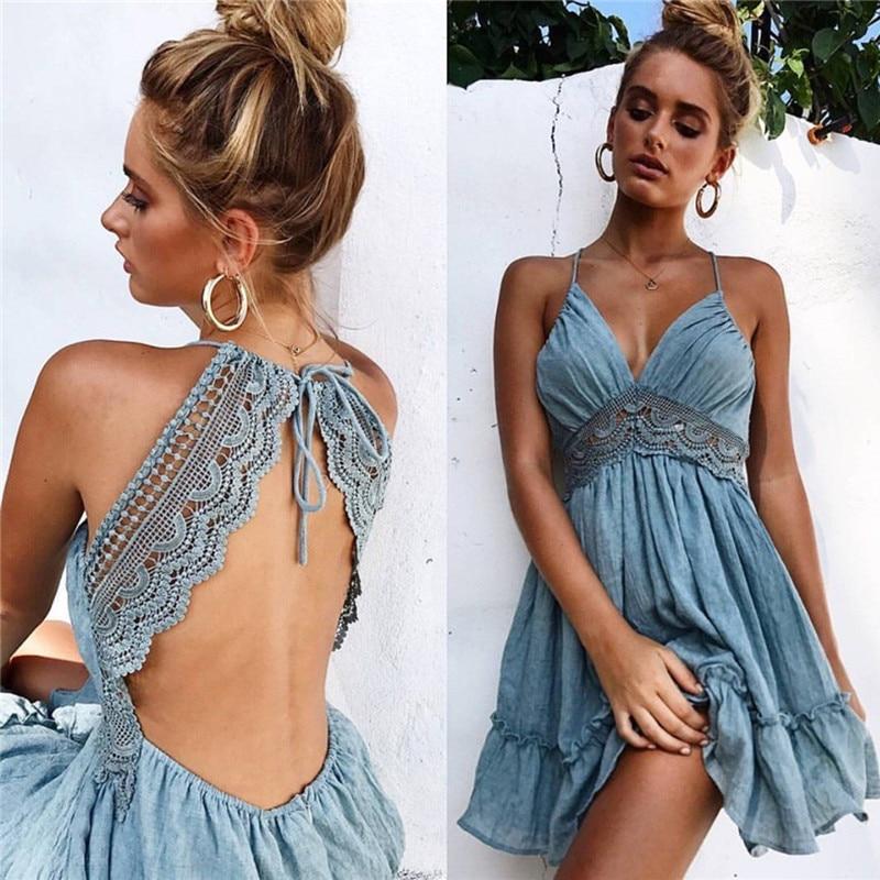 Womens Dresses Summer Lace  Strap Dress Elegant Bohemian Beach Sundress