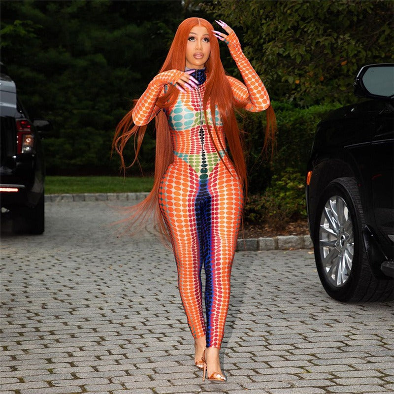Women's New Fashion Print Long Sleeve Round Neck High Waist Bodysuit