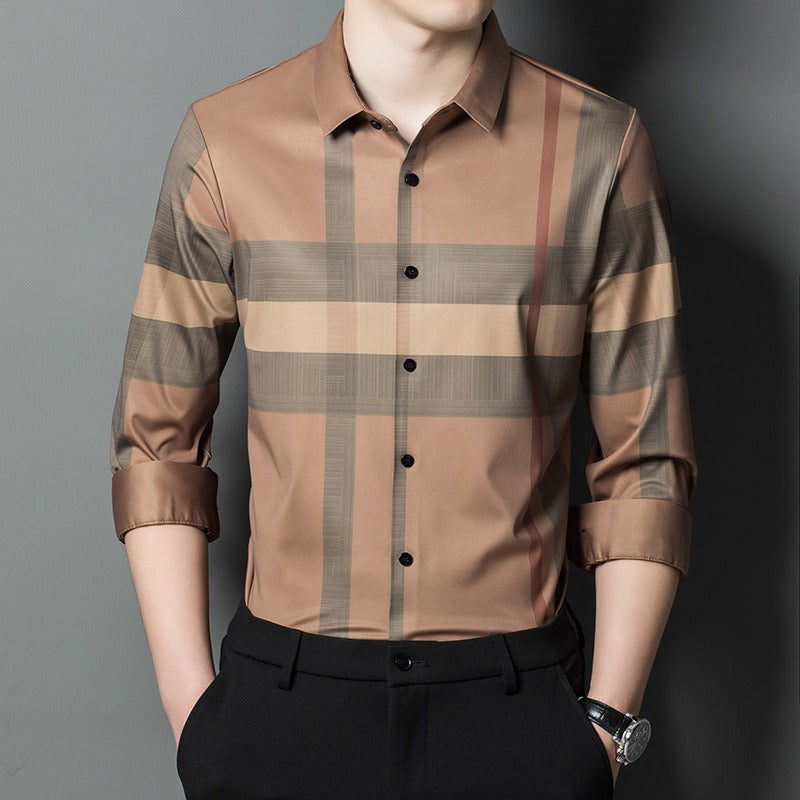 Middle Aged Men's Business Casual Long Sleeved Plaid Shirt Spring New Minimalist Fashion Men's Thin Shirt